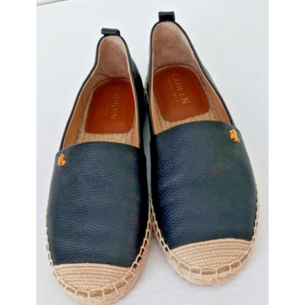 Ralph Lauren Cameryn Shoes Womens 7 Espadrille Flat Leather Black Casual - Picture 2 of 10